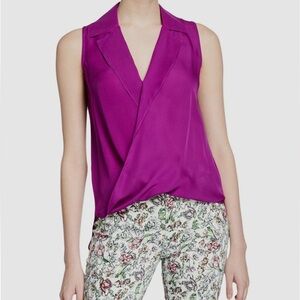 L’AGENCE Berry Silk Chiffon Sleeveless V-Neck Draped Wrap Style Top Medium